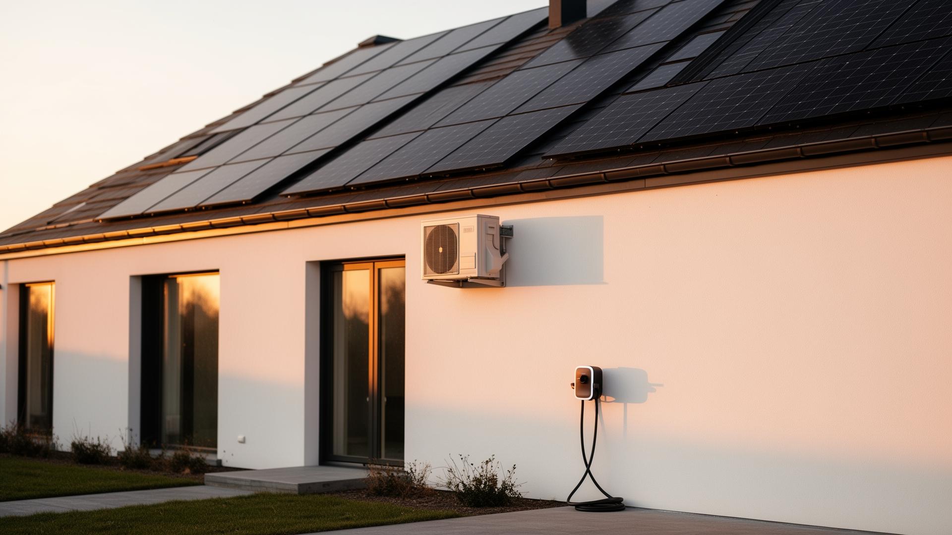 Moderne woning met zonnepanelen, airco en EV-lader, geïnstalleerd door Komplett.